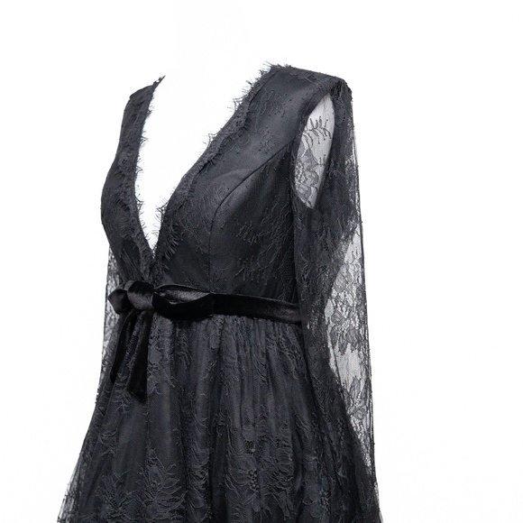 Mac Duggal - Black Long Sleeve Deep V Lace Babydoll Dress - Picture 9 of 13